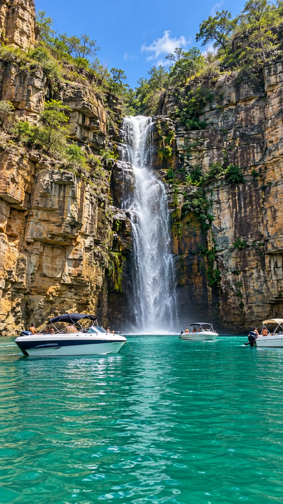 Lanchas e cachoeira entre paredões, imagem fornecida para a campanha